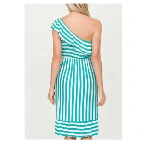 🆕Egs Jade & White Stripe Asymmetric Tulip-
Hem Midi Dress L🆕 - Picture 2 of 9